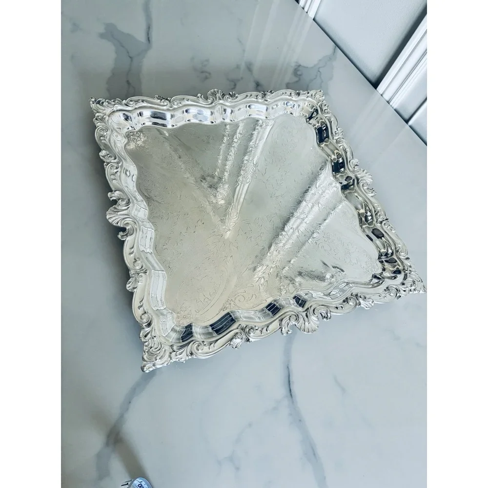 Vintage Birmingham Victorian Style Silver Plated Square Platter Trays Set Of 2